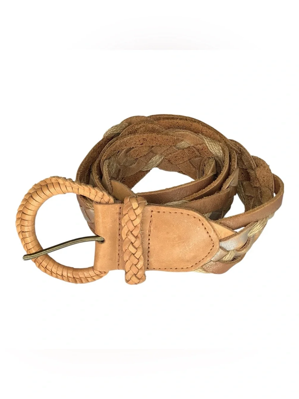 Hollister Genuine Leather Braided Belt Tan Metallic Woven Boho Size M/L